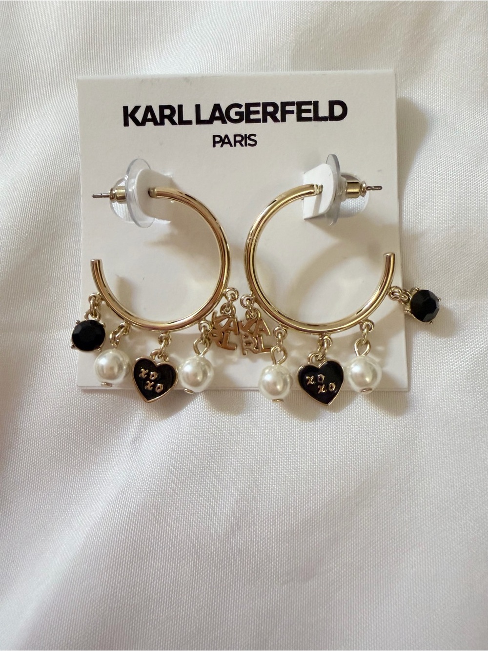 Karl Lagerfeld Gold Hoop Earrings with Black Hearts & Pearls